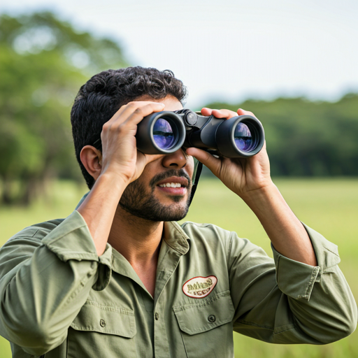 Safari guide looking through binoculars
