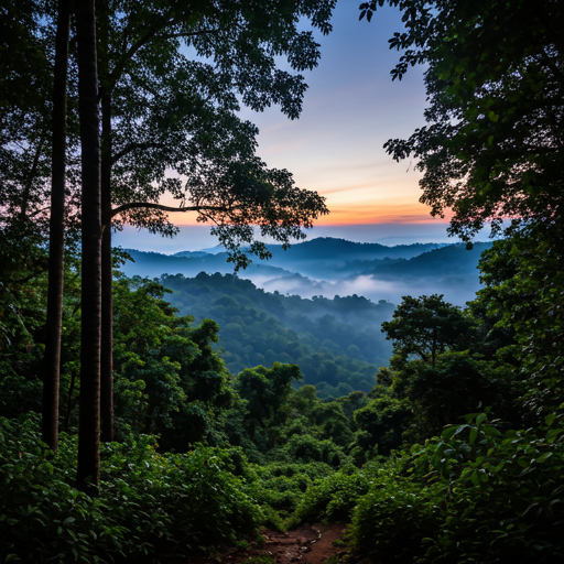 Misty jungle landscape at twilight in Sri Lanka