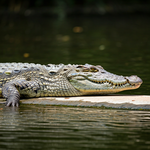 A crocodile basking in the sun near water